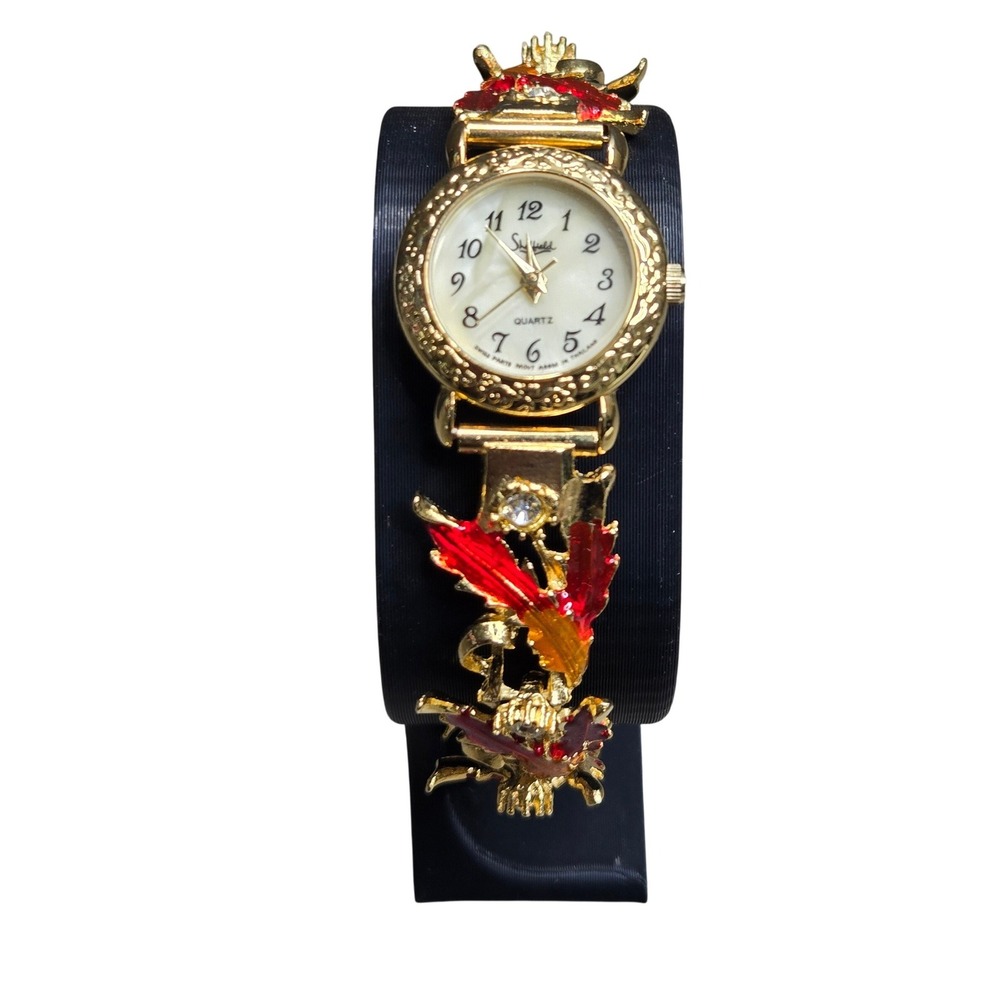 Sheffield Womens Quartz Watch Gold Tone Autumn Fall Red Enamel Leaves Rhinestone